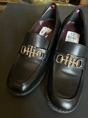 Tommy Hilfiger Hazen Slip On Loafers Chunky Heel Luxe Gold Logo Black WOMENS 8M - Image 1 of 4