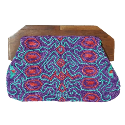 Bolso sin asas con cuentas púrpura azul rojo remolinos mango de madera boho chic Foto 1 de 4