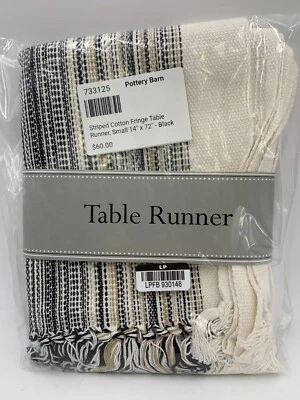 Pottery Barn Striped Cotton Fringe Table Runner Black Small 14 x 72 in #9872B - Image 1 of 4