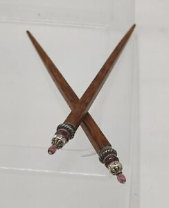 Wood Hair Chop Sticks With Bead Accents 2 Pieces Wood Picks Pins Vintage 6"