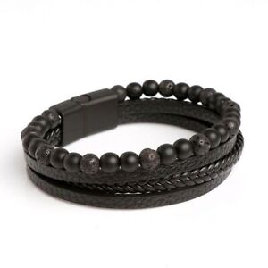 Alloy Jewelry Multi-Layered Men's Leather Beaded Bracelet Magnet Clasp