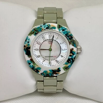 Isaac Mizrah Live! "Reloj mujer cerámica verde 35mm bisel floral talla 6"" funcionando" Foto 1 de 4
