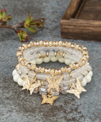 4Pcs Bohemian Butterfly Charm Bracelet Set For Women Crystal Beads Chain Bangle - Image 1 of 4