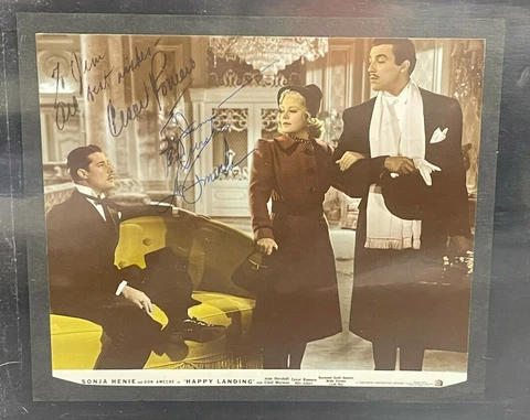 Signed 7.5x9 Photo Cesar Romero/Don Ameche AUTOGRAPH "Happy Landing" AUTO Cover
