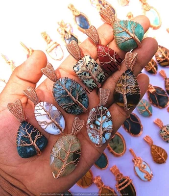 Lote de colgantes ojo de tigre y mezcla de piedras preciosas árbol de la vida envoltura de alambre de cobre joyería regalo Foto 1 de 3