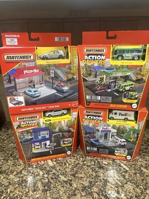 Matchbox Action Bundles w/4 Vehicles- Pizza Hut, Bus Station, FedEx, Police -New - Image 1 of 4