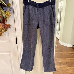 Athleta Leinen Bali Hose Streifen weites Bein Kordelzug Freizeit blau Gr. 10 - Bild 1 von 7