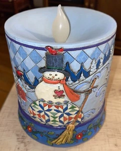 RARE Jim Shore Crazy Mountain LED Candle SNOWMAN Winter Scene Cardinal Birds - Picture 1 of 11