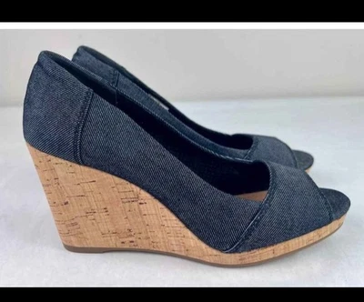 Toms Mujer Denim Azul Marino Cuña Sin Cordones Punta Abierta, Talla 7.5 Foto 1 de 2
