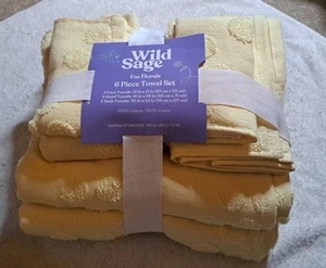 Wild Sage 6 Piece Towel Set 2 Face, Hand, Bath Towels Yellow Fae Floral - Picture 1 of 4