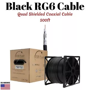 500 ft RG6 cuatro escudos cable coaxial cable negro antena de televisión satélite 18AWG a granel - Imagen 1 de 5