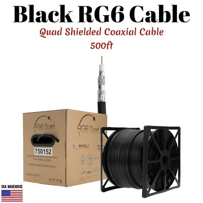 500ft RG6 Quad Shield Coaxial Cable Black Wire TV Antenna Satellite 18AWG Bulk - Image 1 of 4