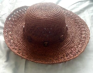 Scala Collezione Womens Ladies Lg Brim Hat Natural Palm Tree Band Rust Orange - Picture 1 of 6