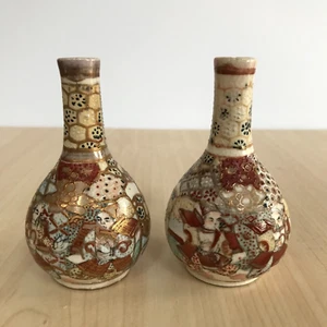 Antique Japanese Satsuma Bottleneck Vases x 2 Crackle Glaze Small 10cm Tall - Picture 1 of 11