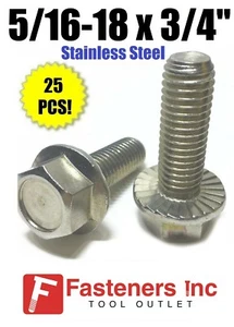 (Qty 25) 5/16"-18 x 3/4" Stainless Steel Hex Cap Serrated Flange Bolt FT UNC - Picture 1 of 3