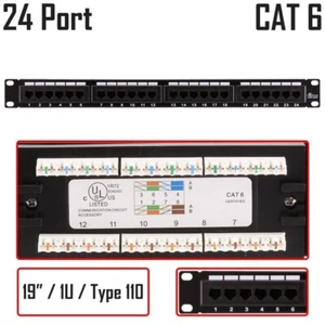 Panel de conexión Cat6 24 puertos RJ-45 19" 1U LAN red tipo 110 568 montaje en rack A/B - Imagen 1 de 3