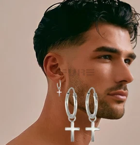 Pendientes de aro colgantes de plata de ley 925 de 10 mm con cruz de cartílago y hélice - Imagen 1 de 12