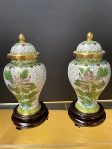 Pair Vintage Chinese Cloisonne  Jars Urns, Chrysanthemum Cloisonne Enamel 4” - Picture 1 of 12