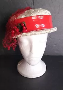 Vintage Ladies Pillbox Hat By Kent New York White W/Red Band Cherries Net Veil - Picture 1 of 12