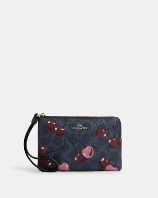 🍒NEW COACH Corner Zip Wristlet Wallet Signature 🍒Cherry Print 🍒 Denim CZ450 - Image 1 of 3