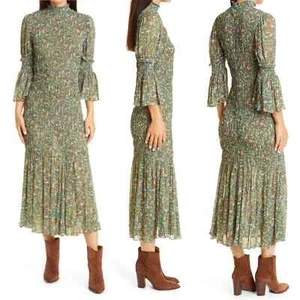 byTiMo Georgette Smocked Three-Quarter Sleeve Midi Green Garden Dress NEW Size S - Picture 1 of 8