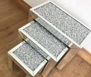  Crushed Diamond Crystal Sparkly Silver Mirrored Set of 3 Nested Tables Glitz✨💎 - Picture 1 of 2