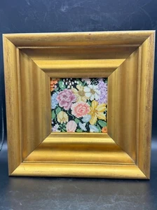 Wood, Framed 9" x 9"needlepoint , floral picture ,3 3/4" x 3 3/4" - Picture 1 of 12