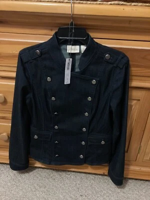 Chico’s Military Denim Jacket NWOT Dark Blue Wash Double Breasted Sz 0 Epaulets! - Image 1 of 4