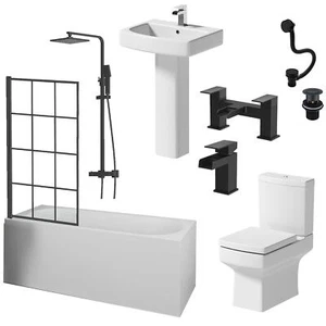 Complete Bathroom Suite Black Bath Shower Screen Basin Toilet Taps Waste 1600mm - Picture 1 of 12
