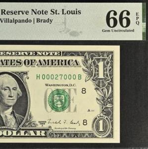 1988A $1 Federal Reserve Note PMG 66EPQ - Birthday Fancy Serial Number 00027000 - Picture 1 of 3