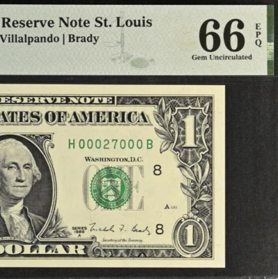 1988A $1 Federal Reserve Note PMG 66EPQ - Birthday Fancy Serial Number 00027000 - Image 1 of 3