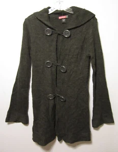 Say What Long Sweater Womens L Gray Plaid Long Sleeve Knit Large Buttons  Hooded - Picture 1 of 9