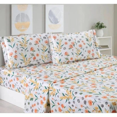 Estella Orange White Floral 100% Cotton Sheet Set with Pillowcase Twin XL - Image 1 of 2