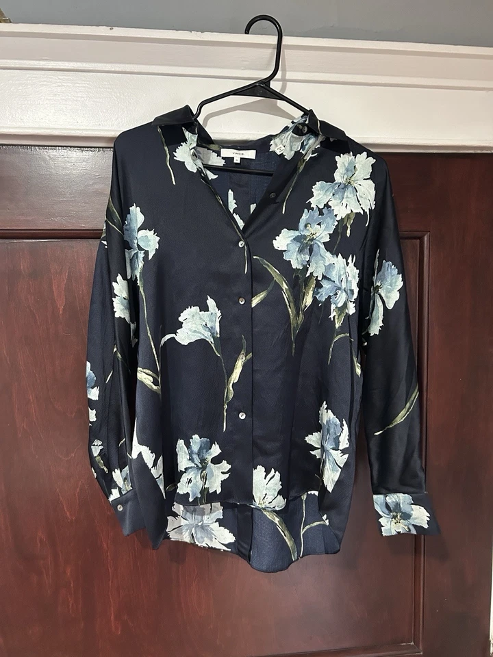 Blusa Vince Designer Azul Marino Floral Seda Talla XS Manga Larga Foto 1 de 3