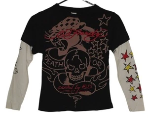 Ed Hardy Kids Shirt Size 8 Long sleeve Black Clock Skull Y2K Tattoo Sleeves NWT - Picture 1 of 5