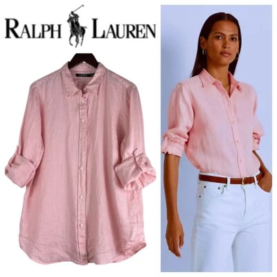 Blusa Ralph Lauren Talla XL 14 16 Camisa Top Abotonada 100% LINO Rosa Tab Slv. i Foto 1 de 4