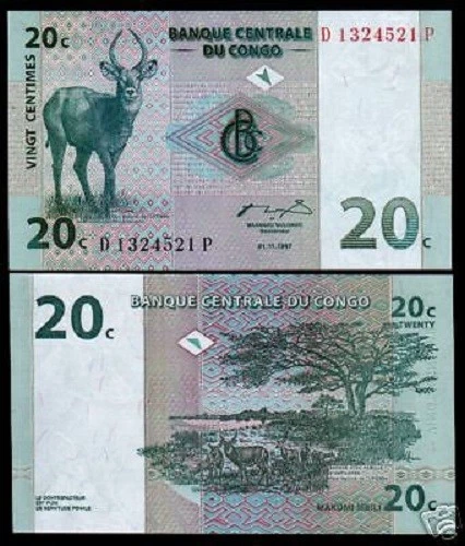 CONGO ZAIRE 20 CENTS P-83 1997 x 100 Pcs Lot Bundle ANTELOPE TREE UNC MONEY NOTE - Image 1 of 1