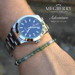 MEGBERRY® Mens Beaded Bracelet - Green Moss Agate Gemstone & 925 Sterling Silver - Picture 1 of 5