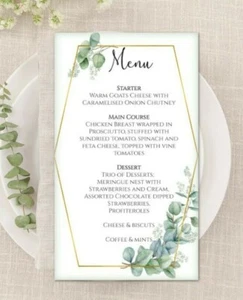 Eucalyptus Frame Personalised Menu Cards Wedding Christening Birthday Party  - Picture 1 of 3