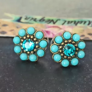 Michal Negrin Earrings Turquoise Post Flower With Dainty Swarovski Crystal Gift - Picture 1 of 14