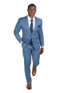 Slim Fit 2 Button Men Solid Slate Blue Suit Notch Lapel Flat Front AZAR 10036 - Picture 1 of 6