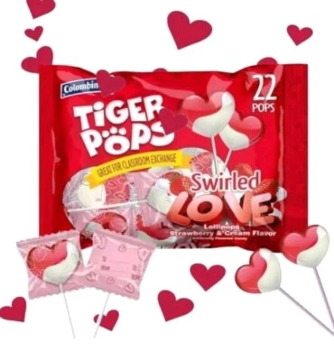 COLOMBINA Tiger Pops Swirled LOVE Strawberries & Cream Flavor 22 Lollipops 7oz - Image 1 of 4