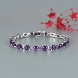 Natural Amethyst Oval Cabochon Gemstone Bracelet 925 Sterling Silver Bracelet - Picture 1 of 6