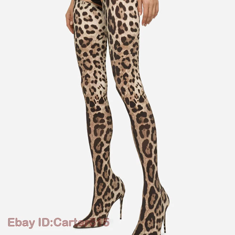 Botas elásticas hasta la rodilla con punta en punta para mujer tacón de aguja estampado de leopardo Foto 1 de 4