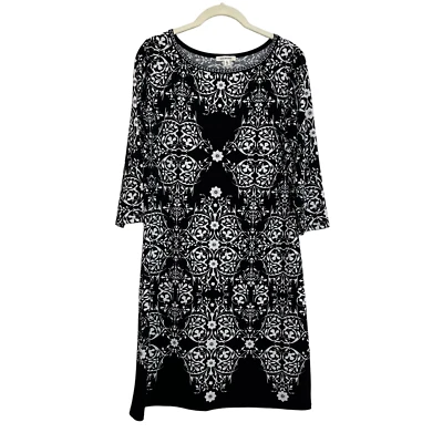 Max Studio Womens Dress Size Small Black White Floral Slinky Knit Knee Length - Image 1 of 4