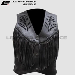 Women's Black Leather Vest Motorcycle l Women's Black Rose Inlay Waistcoat - Picture 1 of 2