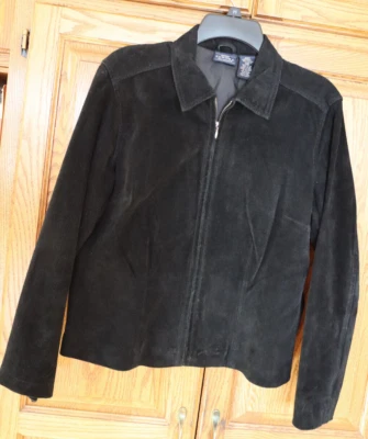Black Suede Leather Blazer jacket Zipper Side Pockets Collar Women Medium - Image 1 of 4