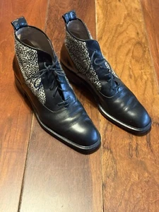 Genegum Black Ankle Boots Low Heel Leather Leopard fur Women's Size 9 AA - Picture 1 of 7