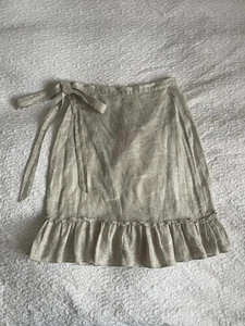High raised 100% linen belted mermaid frill skirt with zip, UK 8 Beige White - Picture 1 of 12