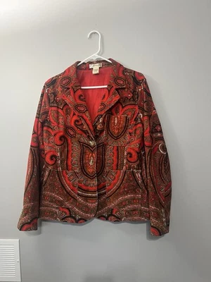 Isaac Mizrahi женщин красный/черный пейсли вельветовая куртка блейзер, с подкладкой, размер L - Изображение 1 из 4